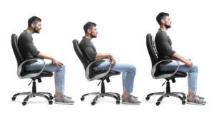 a three part sequence showing a man sitting in a chair with the first two being examples of bad posture and slouching, and the final one being an example of sitting tall with good posture